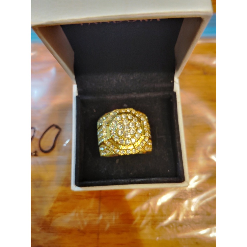 Mens Iced Out Octagon Signet Ring Gold Tone Pave CZ Hip Hop Statement Size 9